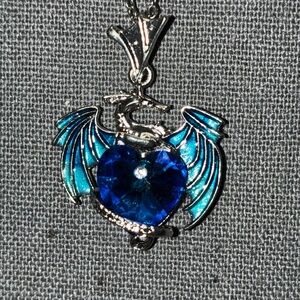 Piercing Blue Pterodactyl Dragon Heart Pendant Necklace